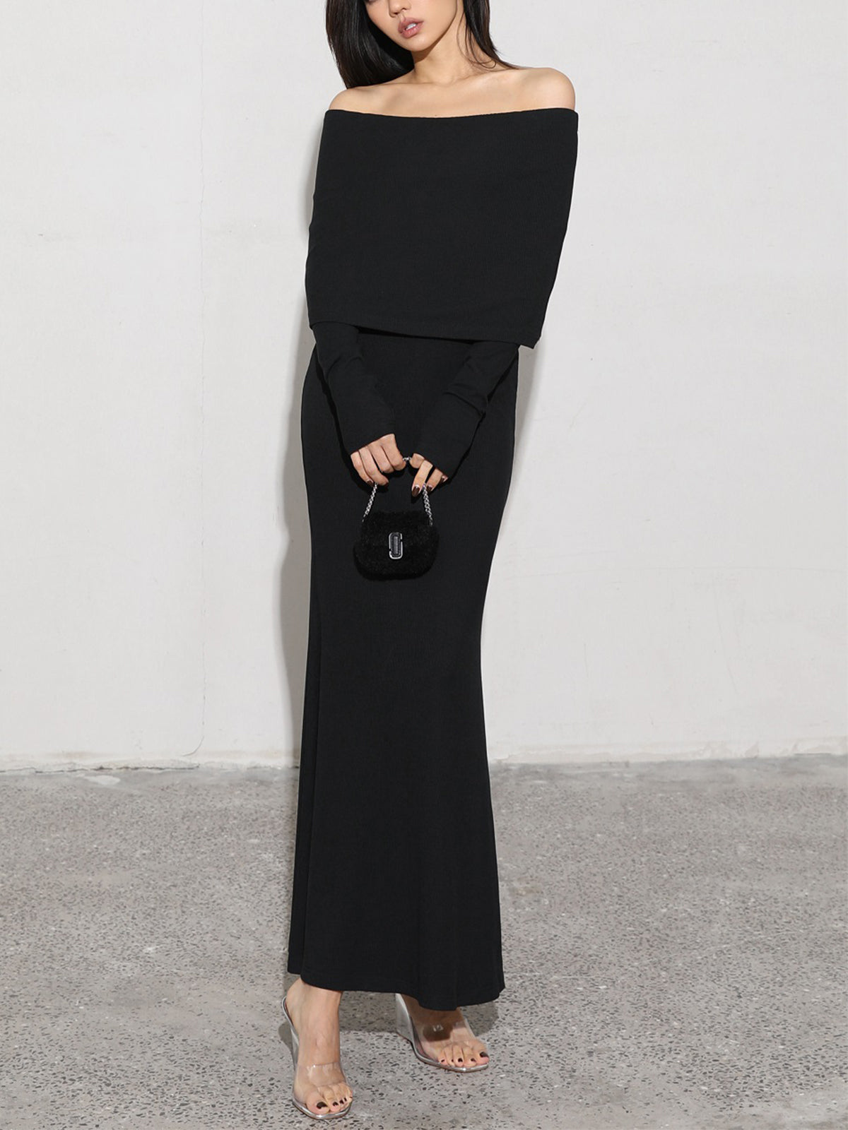 Charcoal Off Shoulder Overfold Modern Long Sleeve Long Dress