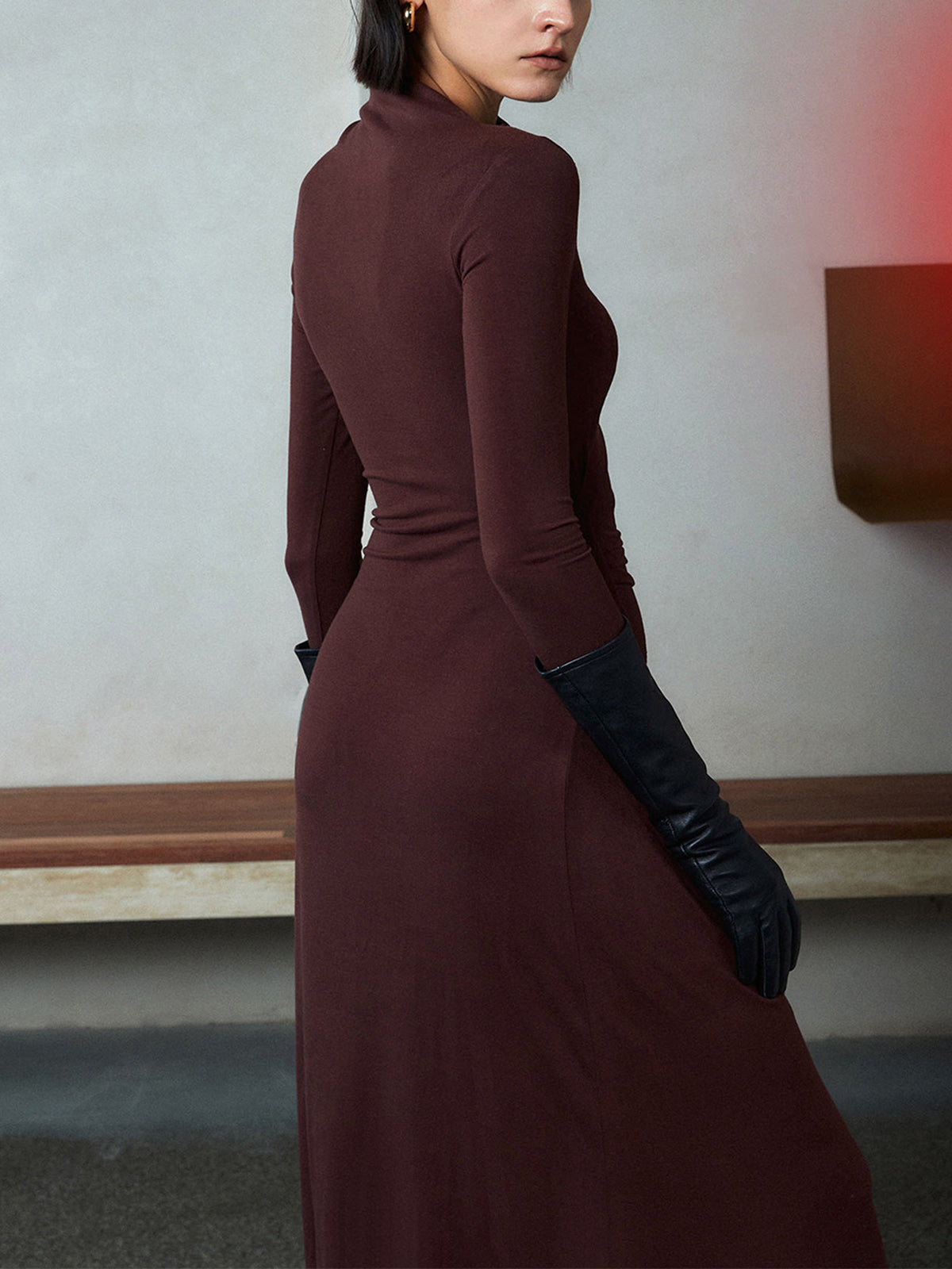 Bodycon Asymmetrical Neck Long Modern Sleeve Ruched Maxi Dress