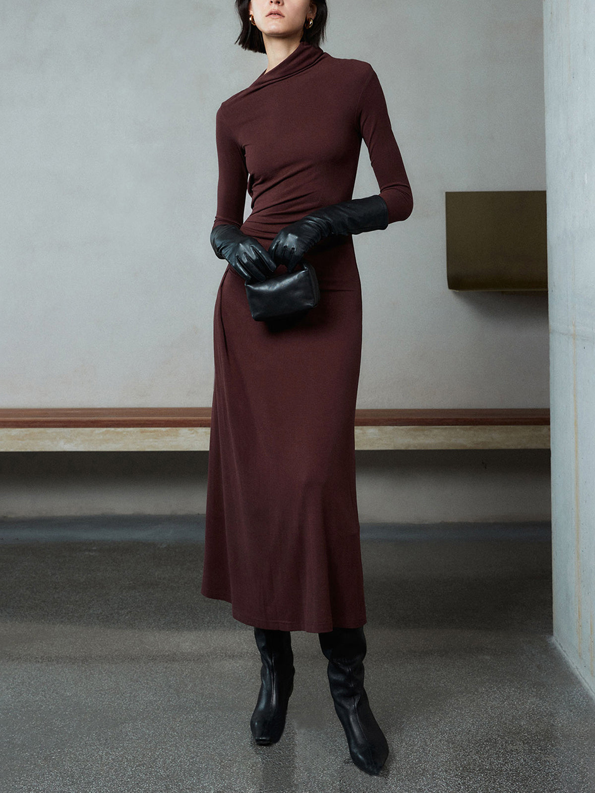 Bodycon Asymmetrical Neck Long Modern Sleeve Ruched Maxi Dress