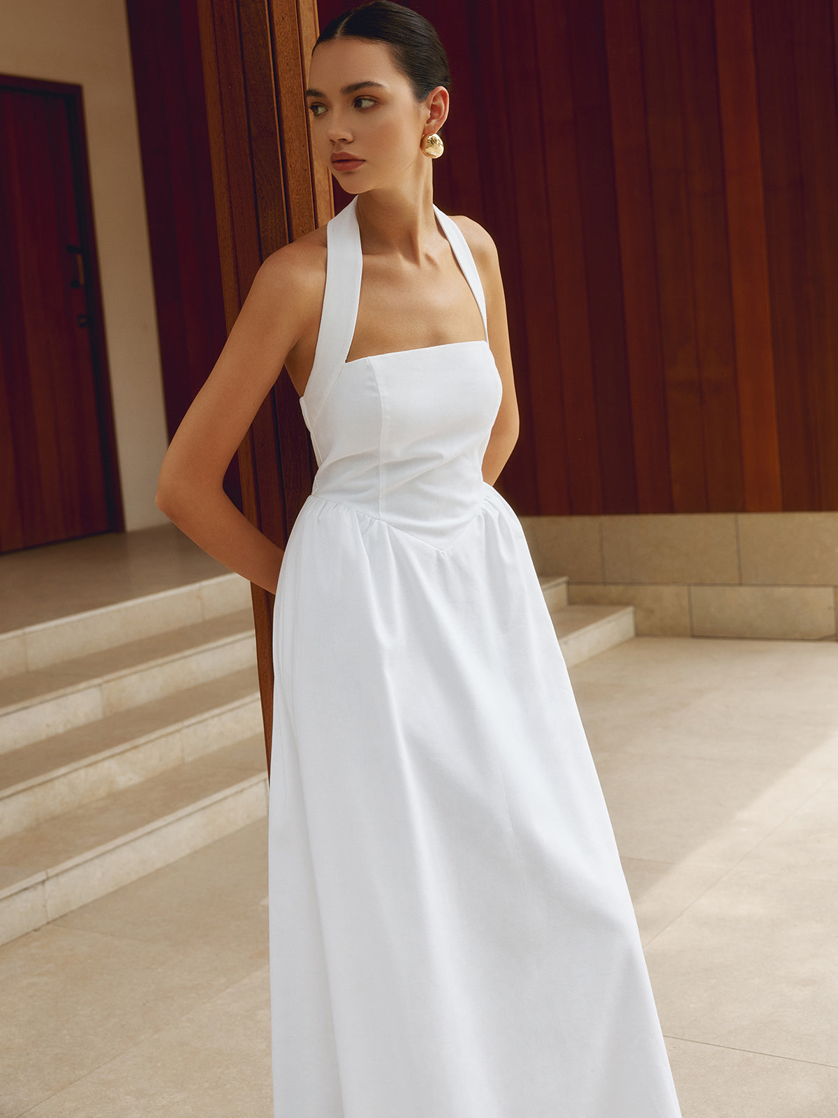 Cotton & Linen Halter Modern A Line Long Dress