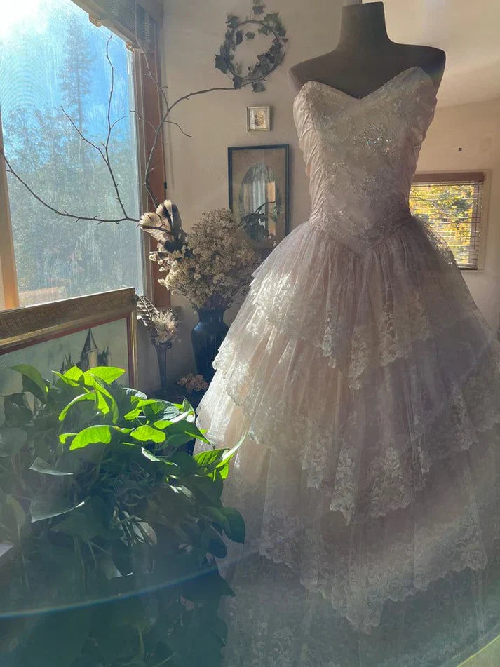 Strapless Lace Layered A Line Prom Dress Elegant Ball Gown