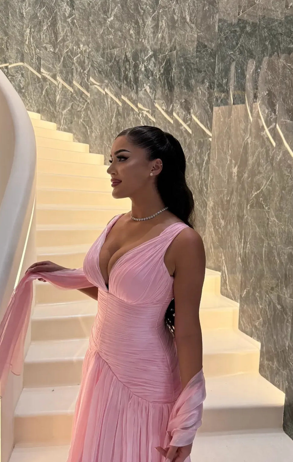 V-Neck A-Line Long Prom Dress Pink Wedding Guest Dress