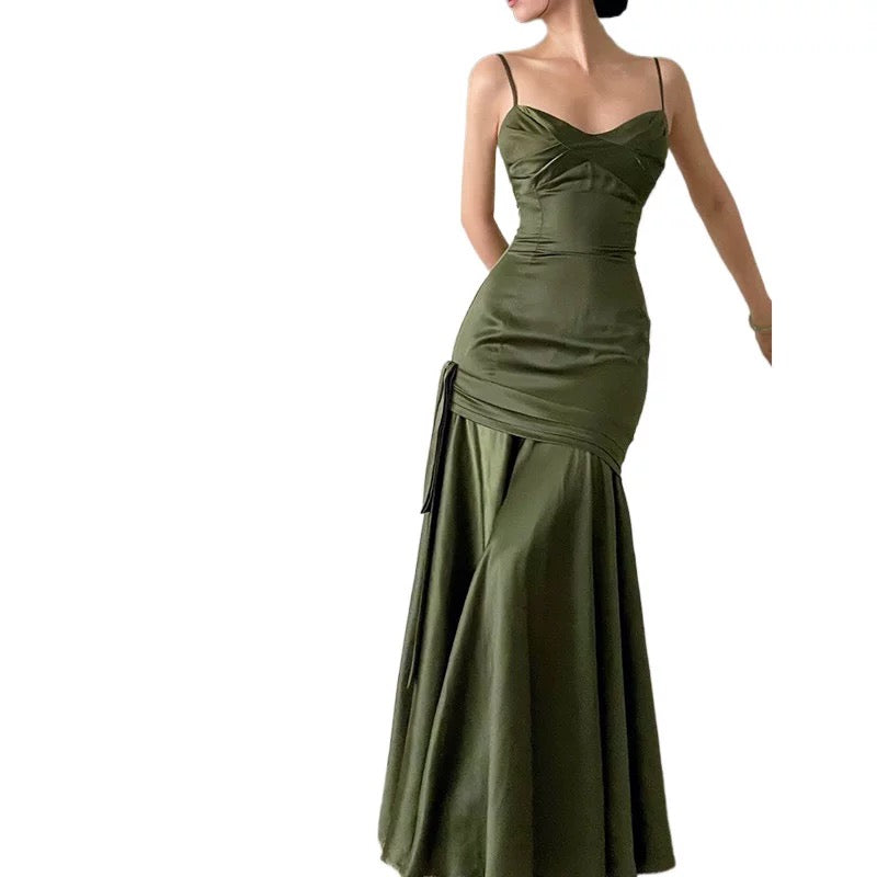Simple Sheath Spaghetti Straps Floor-Length Olive Green Long Party Dresses Birthday Outfits - View 5 | FashionDia