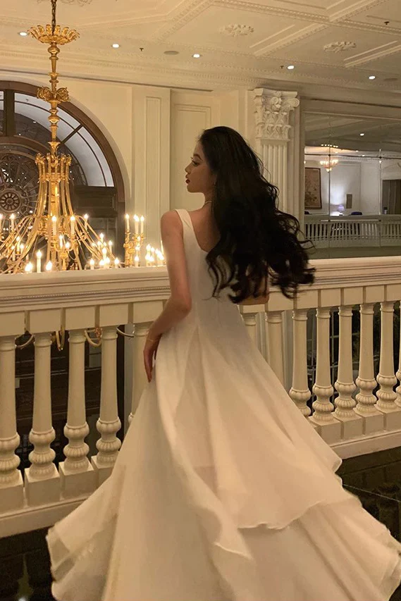 Modest A line Straps White Long Prom Dress