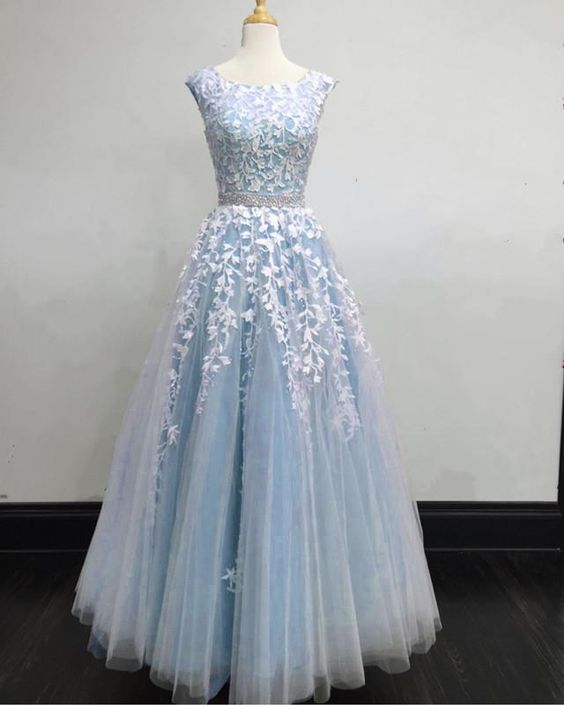 Elegant A-Line Cap Sleeves Lace Blue Long Prom Dress - FashionDia