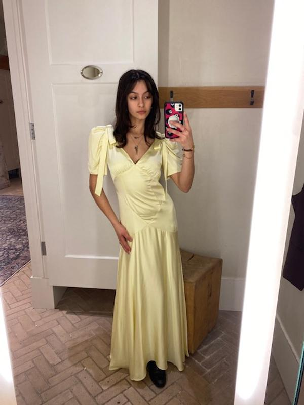 Cute Yellow V Neck Satin Mermaid Evening Dress,Puff Sleeves Prom Party Gown