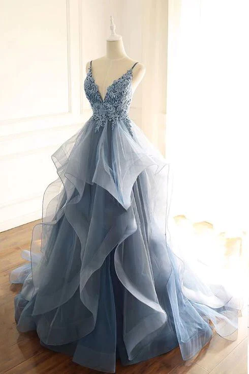 Charming Ball Gown Straps Dusty Blue Lace Long Prom Dress - View 2 | FashionDia