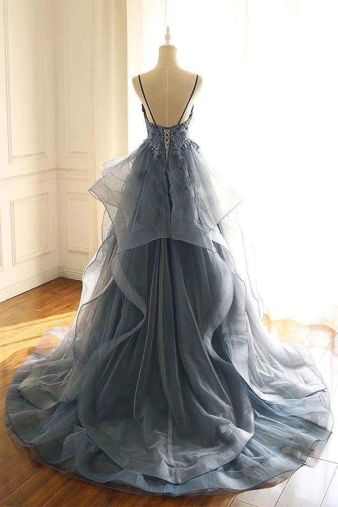 Charming Ball Gown Straps Dusty Blue Lace Long Prom Dress - View 3 | FashionDia