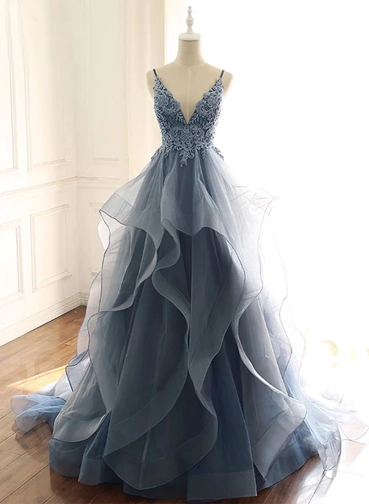 Charming Ball Gown Straps Dusty Blue Lace Long Prom Dress - FashionDia