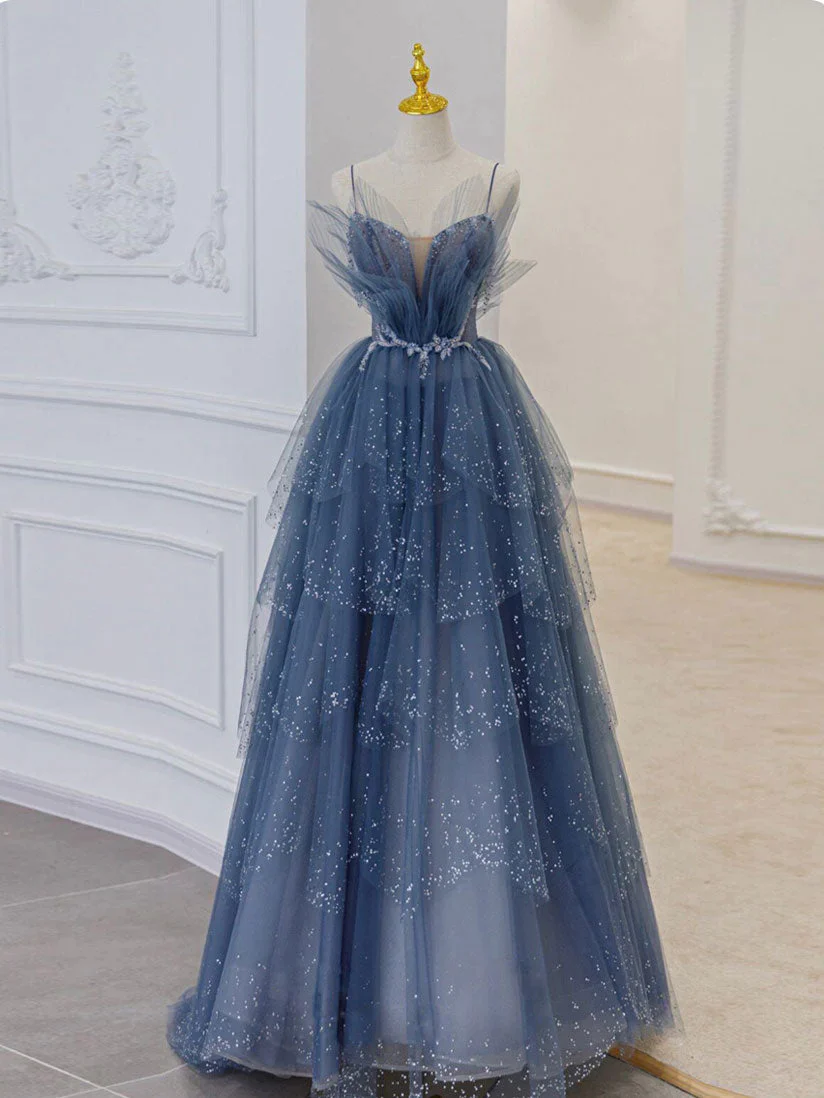 Vintage A-Line Straps Tulle Dusty Blue Long Prom Dress - View 3 | FashionDia