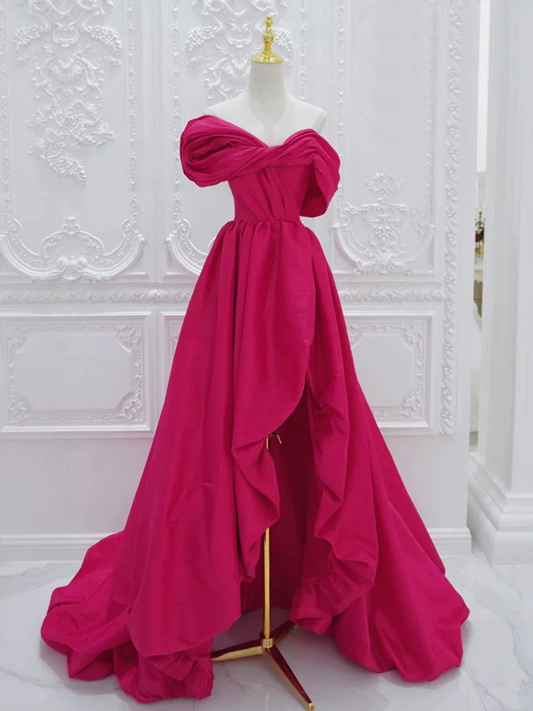Simple A-Line Off Shoulder Satin Rose Red Long Prom Dress