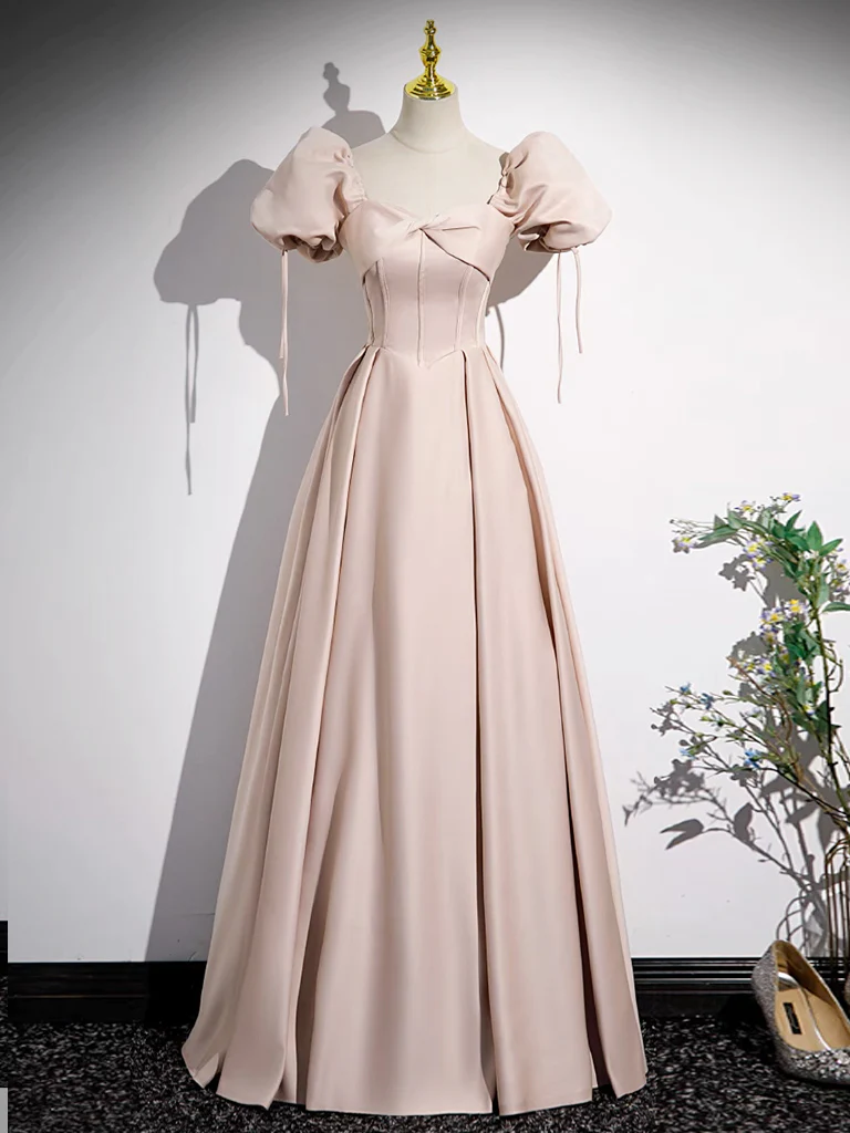 Simple A line Pink Satin Long Prom Dress