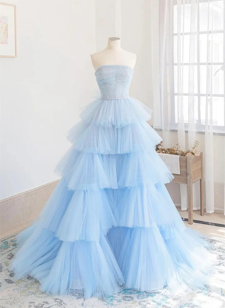 Beautiful Blue Layers Tulle Long Prom Dresses - FashionDia