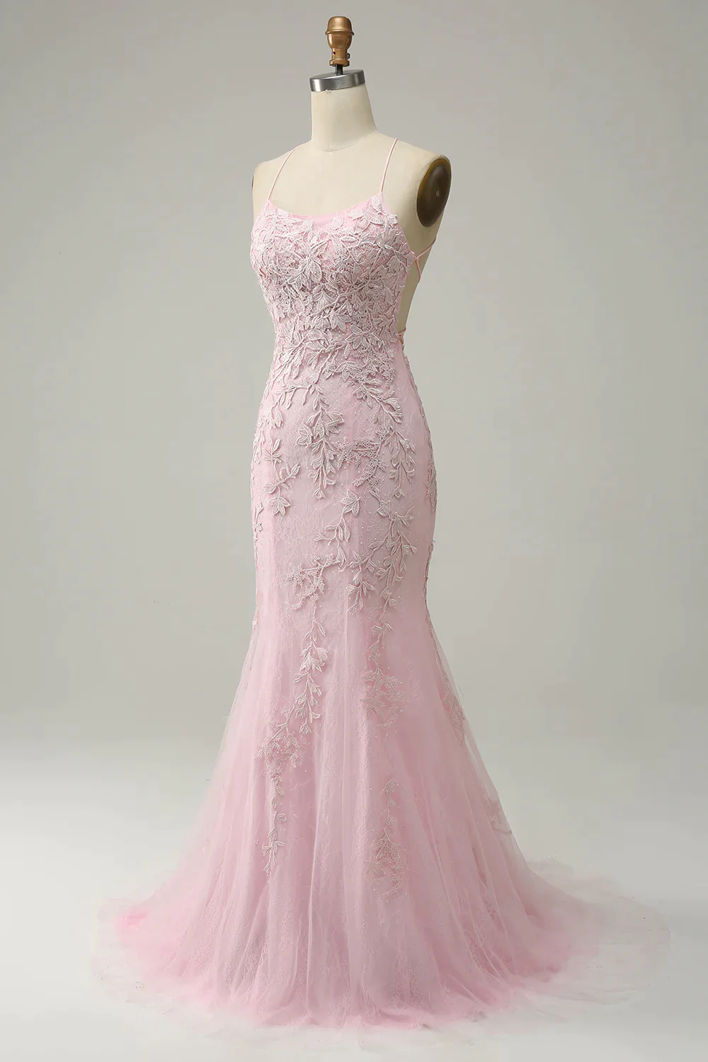 Modest Mermaid Spaghetti Straps Lace Pink Long Prom Dresses