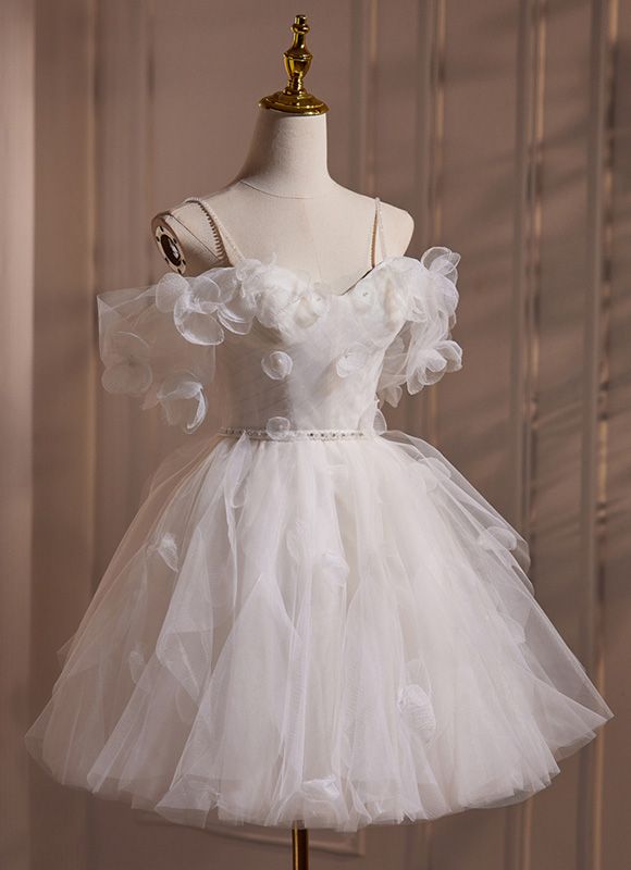 Simple A-Line White Spaghetti Straps Sweet Mini Dress Homecoming Dress - FashionDia