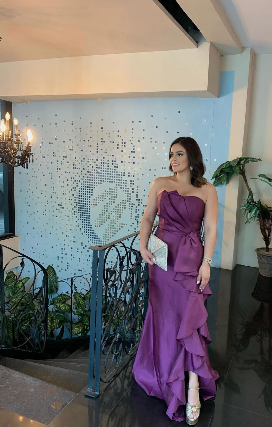 Strapless Purple Ruffle Long Prom Dress Satin Wedding Guest Dress