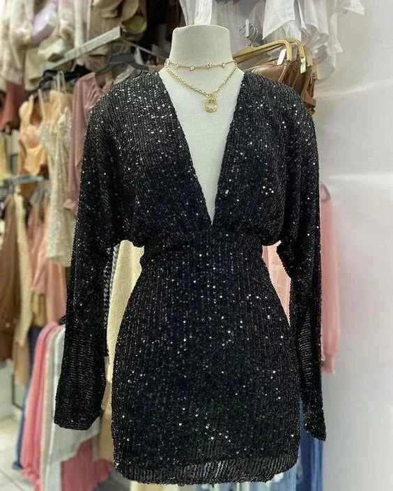 Black Sequins Deep V Neck Homecoming Dress Y2580 by simplepromdress