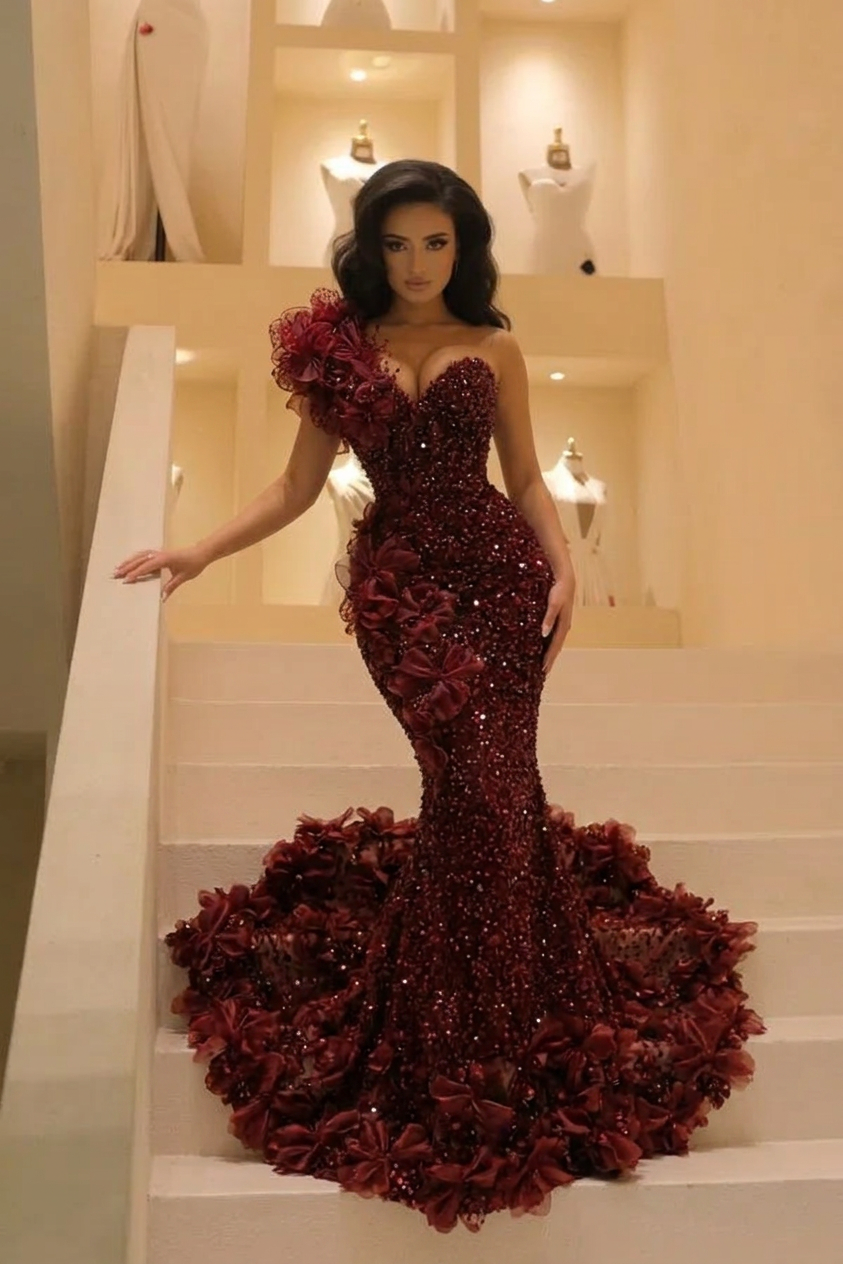 The Bordeaux Bloom - 2026 One-Shoulder Sequin Mermaid Gown: 3D Floral Appliqués & Crushed Garnet Beadwork (ZD17395)