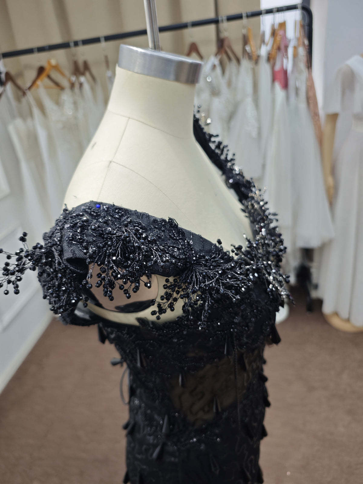 Luxury Black Sequin Mermaid Prom Dress – Illusion Corset Bodice with 3D Beaded Lace & Off-the-Shoulder Detail | 2026 Gothic Glamour Evening Collection (ZD17397)