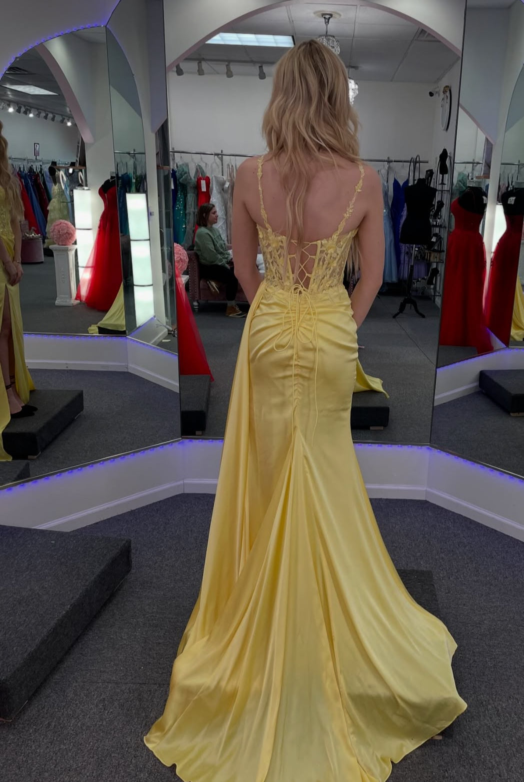 Yellow Mermaid Long Prom Dress With Slit Applique Graduation Dress