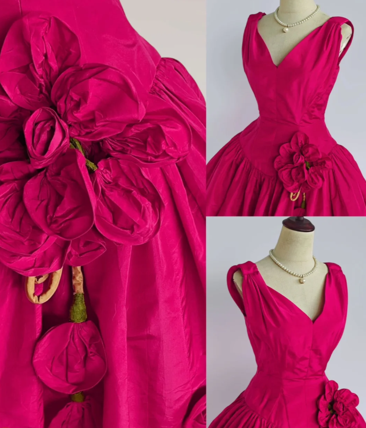 Vintage Hot Pink Satin A Line Graduation Homecoming Dress V Neck Short Party Dress With Flowers S581