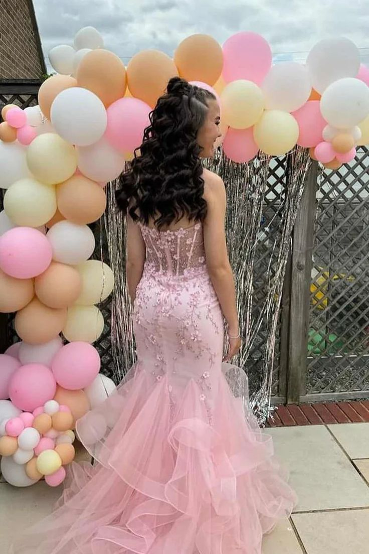 Pretty Strapless Pink Tulle Appliques Beaded Mermaid Party Dress Long Evening Gown - View 5 | FashionDia