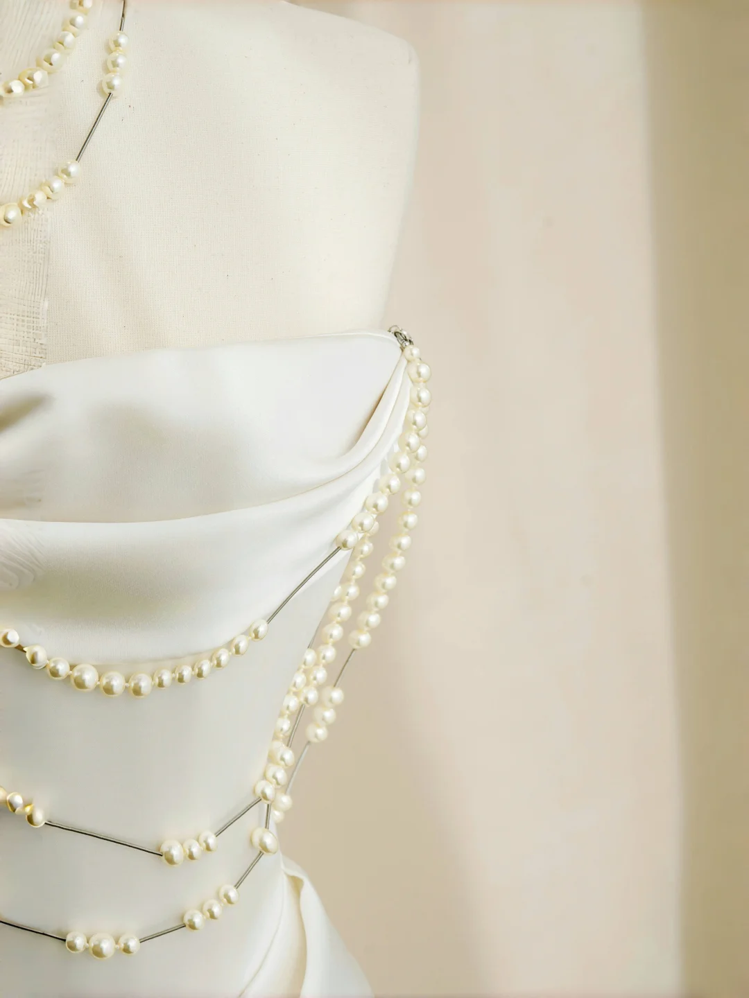 Classy Strapless Satin Pearls Chain White Prom Dress A Line Evening Dress Y8684 - View 5 | VelvetHem