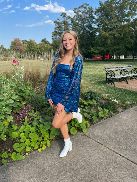 Flare Sleeve Blue Sequin Tight Dress Blue Homecoming Dress - FashionDia