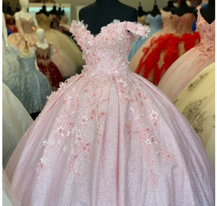 Pink Glitter Sweetheart Prom Dress Ball Gown  Women's Sequined Corset Dress 3D Applique Beaded Masquerade Dress C990