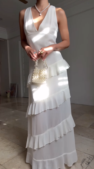 Simple White V Neck Chiffon Ruffle Prom Dress Backless Long Evening Dress Y8500 - View 2 | VelvetHem