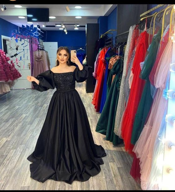 Vintage Black A-line Prom Dress,Black Formal Gown