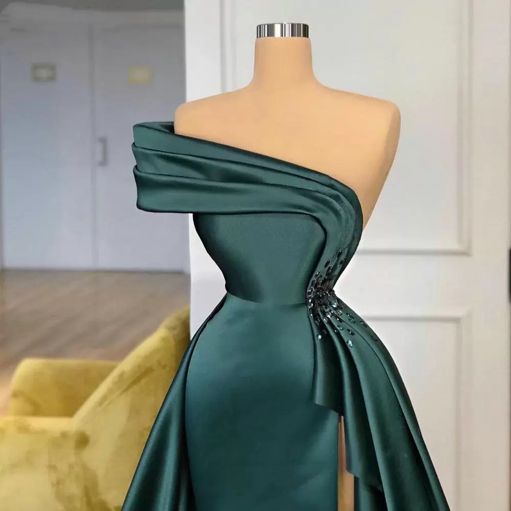 New Long Satin Evening Dresses Wear Elegant Ruched Crystal Beads Split One Shoulder Evening Gowns Formal Women Prom Dresses S23314 - View 2 | VelvetHem