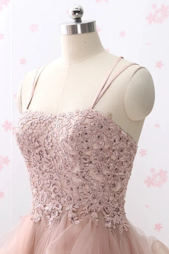 Spaghetti Straps Lace Tulle Homecoming Dress Vintage Party Formal Gown (ZD12029)