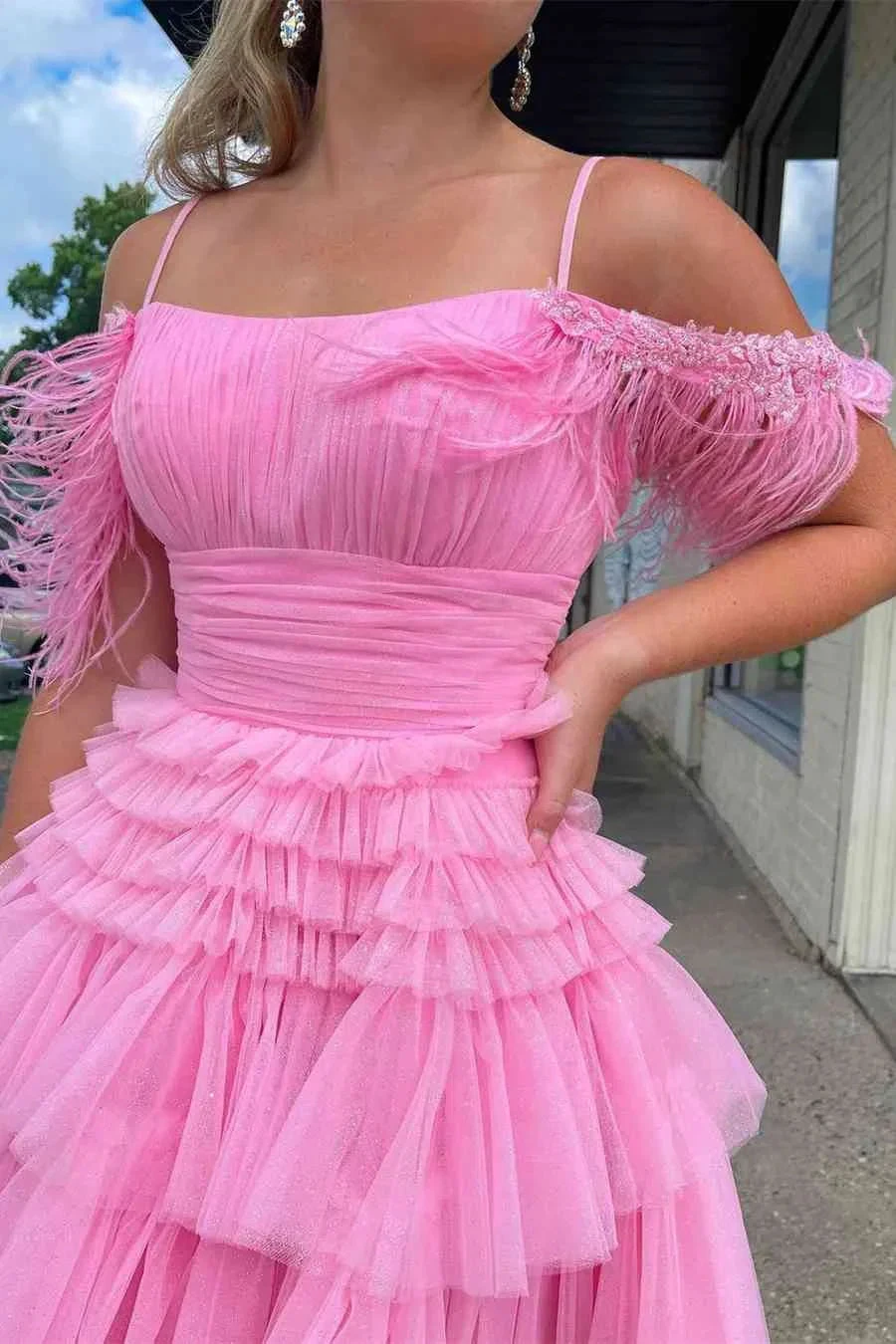 Pleated Hot Pink Cold Sleeves Tiered Tulle Party Dress Short Homecoming Dress Y1955 by simplepromdress