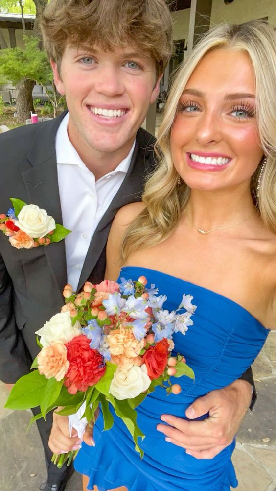 Cute Blue Strapless Homecoming Dress Blue Party Dress - FashionDia