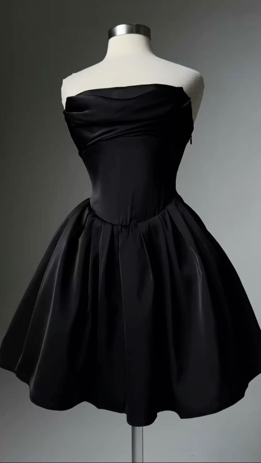Classy Black Strapless Satin A Line Short Homecoming Dress Cocktail Dress