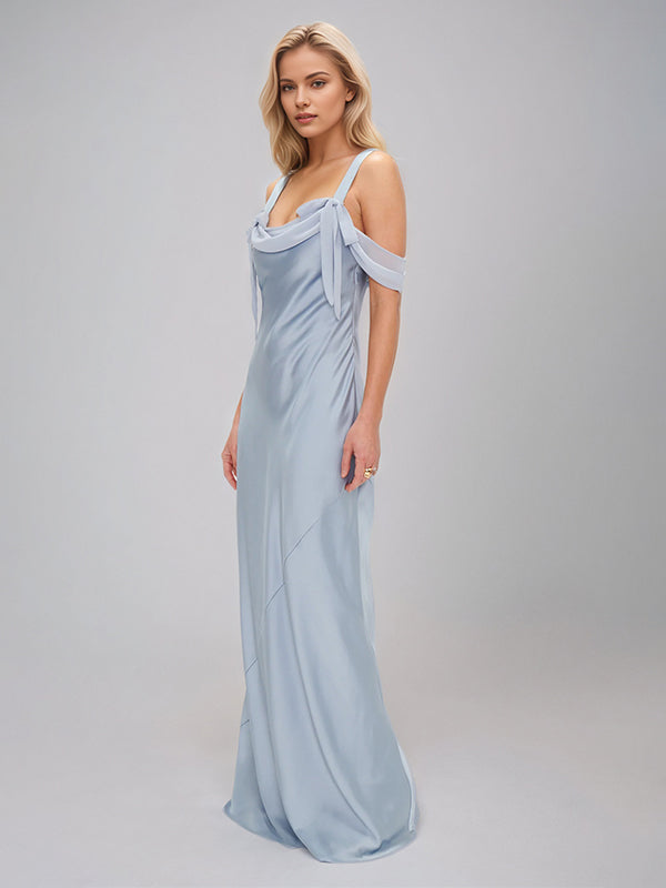 Steel Blue Satin Sheath/Column Spaghetti Straps Sleeveless Floor Length Bridesmaid Dresses