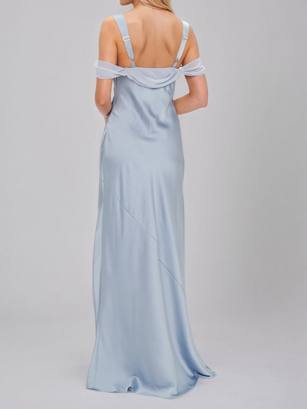 Steel Blue Satin Sheath/Column Spaghetti Straps Sleeveless Floor Length Bridesmaid Dresses