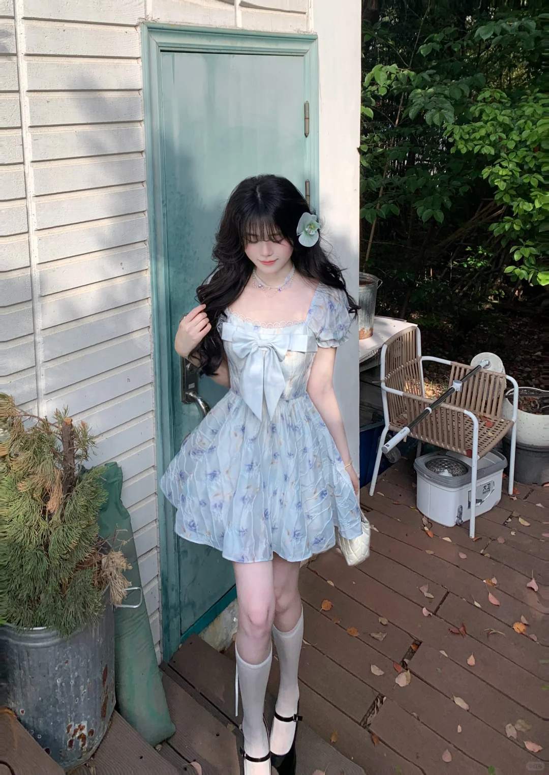 Cute Blue Chiffon Printed Floral A Line Short Prom Dress Formal Graduation Homecoming Dress D107