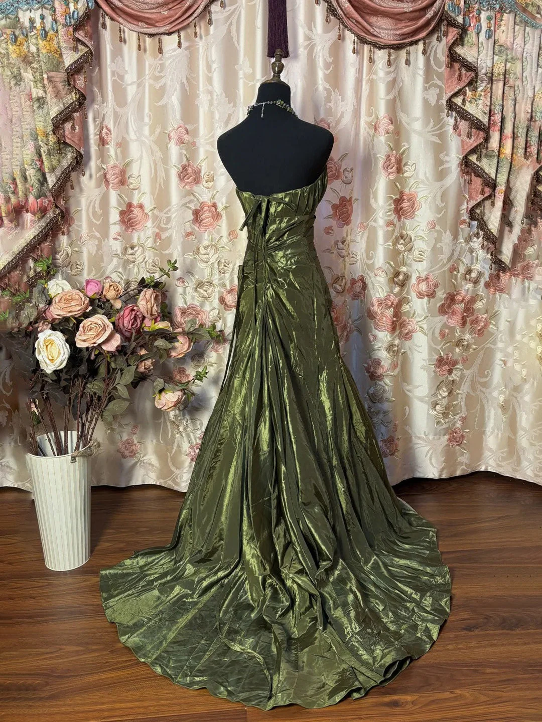 Elegant Olive Green Strapless Satin Pletaed Mermaid Long Wedding Guest Dress Formal Birthday Party Dress - View 2 | FashionDia