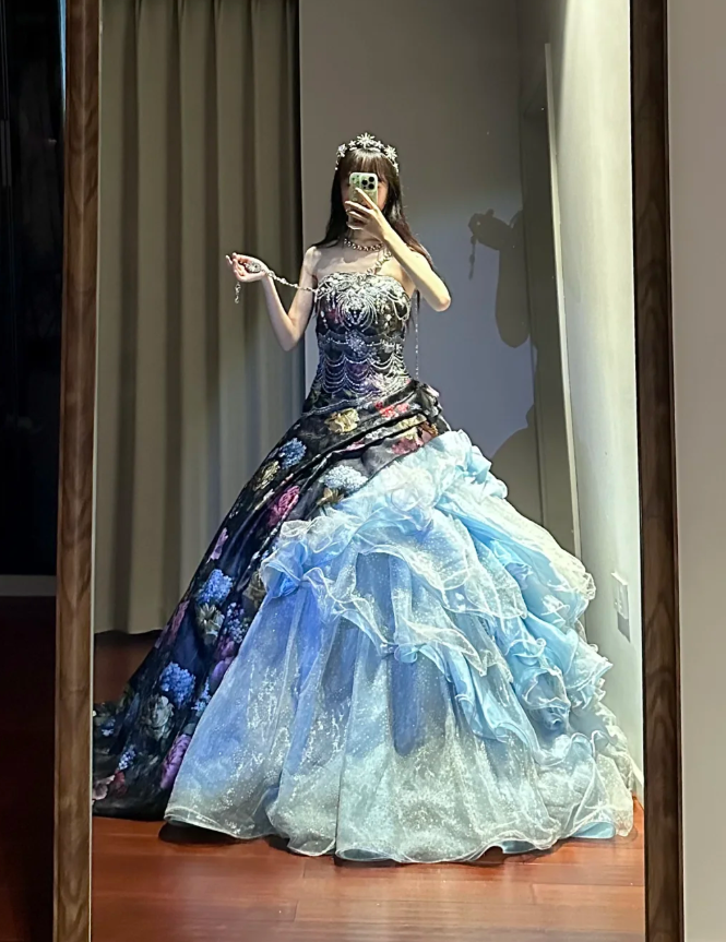 Unique Strapless Satin Print Floral Tulle Sequin Sweet 16 Dress Formal Quinceanera Dress
