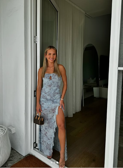 Blue Chiffon Print Floral Evening Dress,Long Slit Ruffles Party Prom Dress