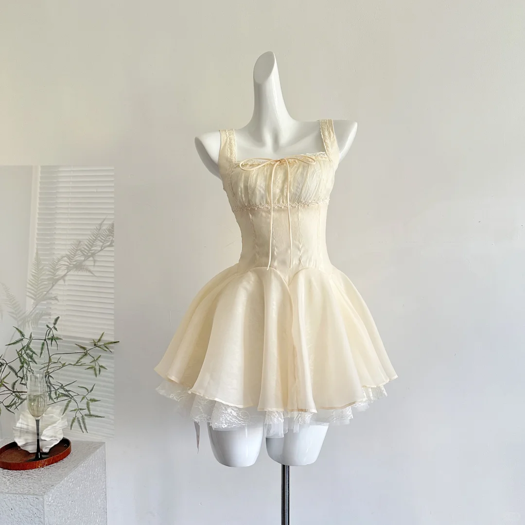 Cute Square Neck Yellow Short Women Dress Vacation Dress