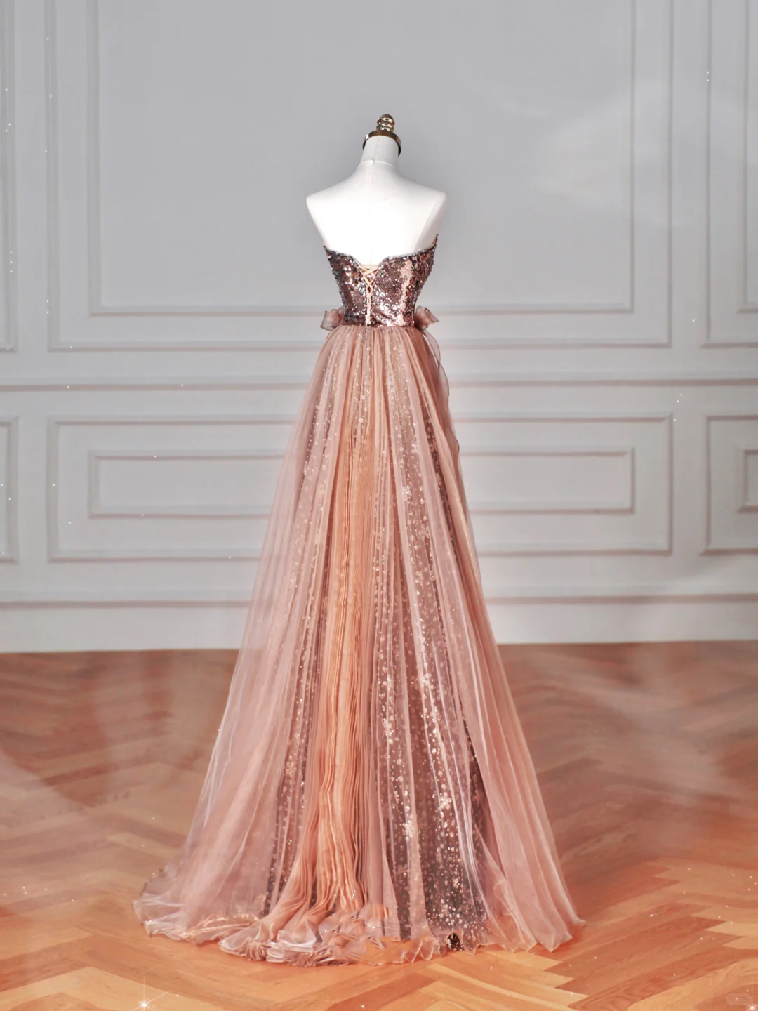 Vintage Rose Gold Strapless Tulle Sequins Beaded A Line Prom Dress Evening Dress Y8622 - View 4 | VelvetHem