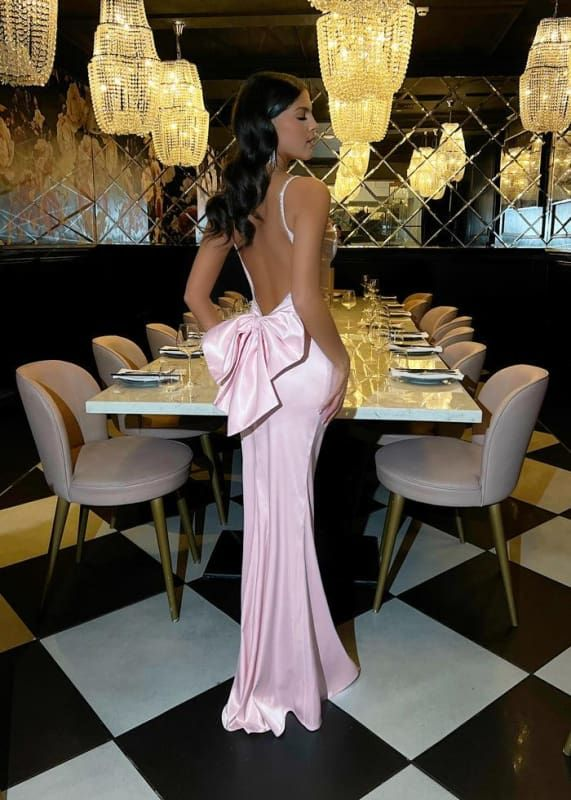 Charming Pink Beaded Spaghetti Straps Prom Dress With Bow Mermaid Backless Party Dress - FashionDia