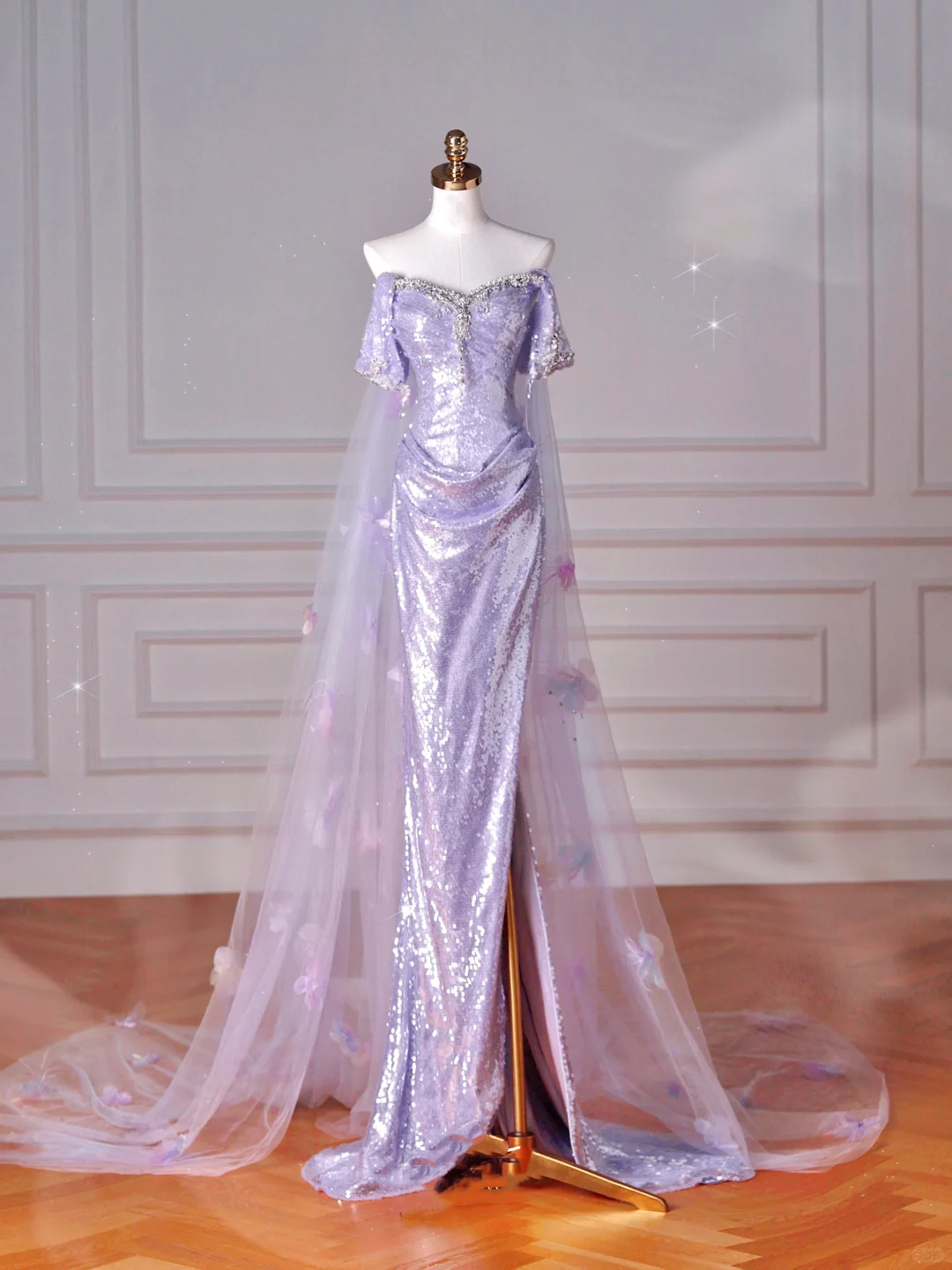 Glitter Lilac Sequin Tulle Beaded Mermaid Slit Evening Dress Off The Shoulder Tulle Appliques Prom Dress Y8632 - VelvetHem