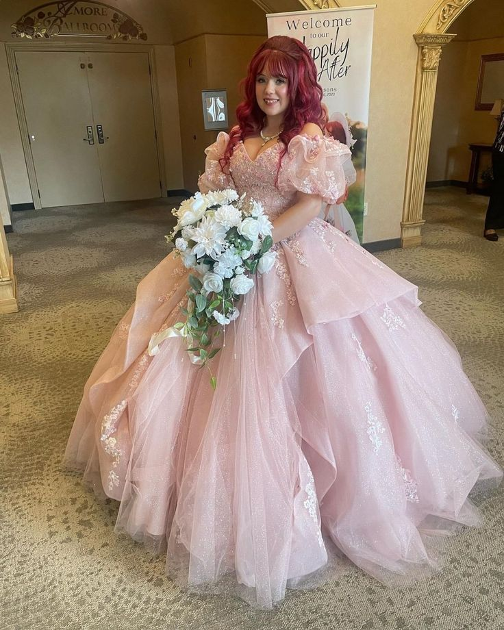 Charming Pink V Neck Tulle Sequin Lace Applique Ball Gown Quinceanera Dress