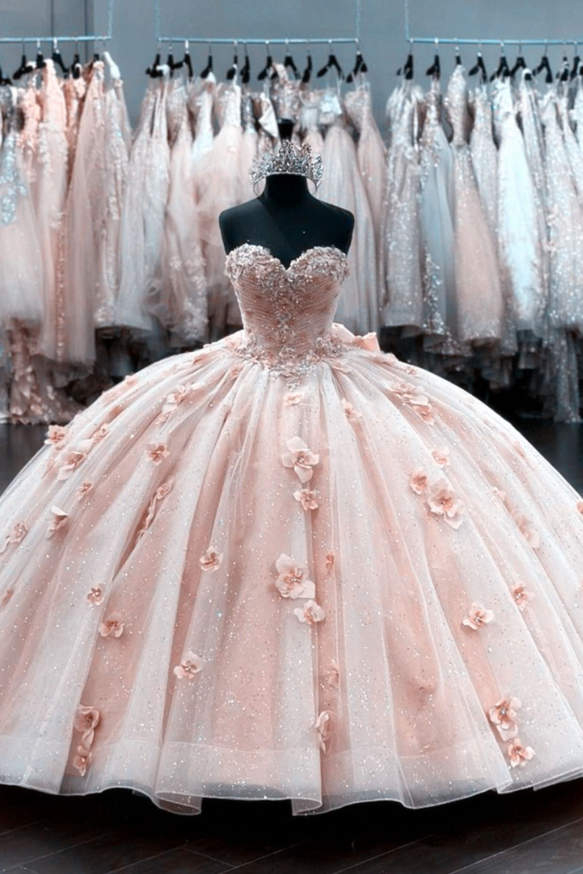 Elegant Blush Pink Tulle Ball Gown 15 Dress with 3D Flowers Y2582 - VelvetHem