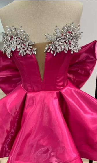 Gorgeous Hot Pink Satin Beaded Homecoming Dress Short Birthday Dress With Bow - View 6 | FashionDia