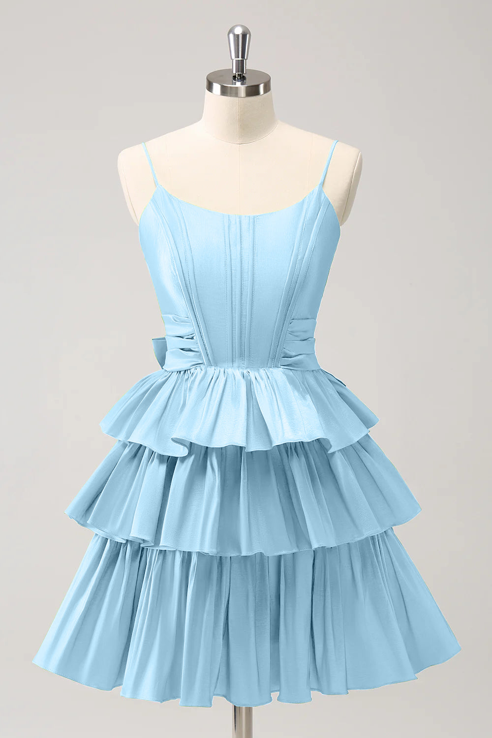 A Line Spaghetti Straps Corset Tiered Ruffle Homecoming Dress with Bow